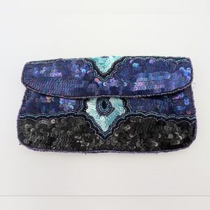 Peacock Sequin Clutch Bag - Black and Blue